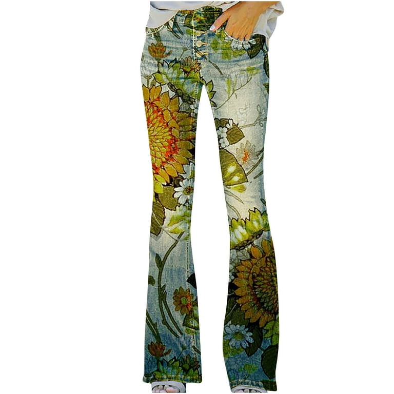 TIANEK Bootcut Jeans for Women Fashion Full-Length High Waist Jeans for  Women Sunflower Print Elastic Denim Pants Relaxed Fit Cute Jeans for Women  2023 