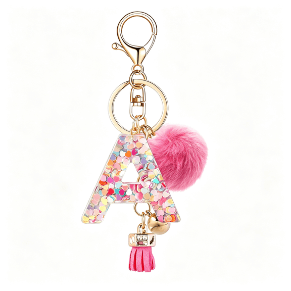 DESIGNICE Resin Alphabet Initial Letter Keychain Keyring for Women Purse Handbags with Fur Ball Pom Letter a Keychain