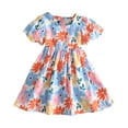 thumbnail image 1 of Robe Fille Imprimé Floral Manches Courtes Col Carré Dos Nu Lacée Décontractée Colorée Robes pour Tout-Petits Bleu, 1 of 7