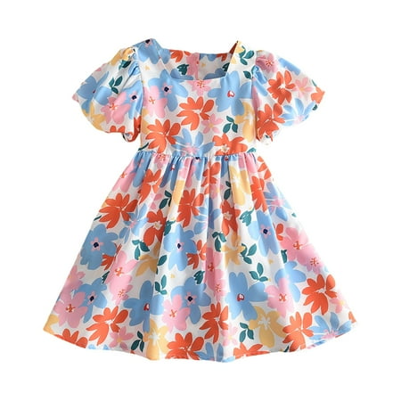 LUOGENLI Girls Dress Shoes Size 2 Toddler Girl Summer Floral Print Short Sleeve Square Neck Backless Lace up Casual Colorful Dress Girls Dress Shoes Size 3 Girls Dress Size 10-12 Formal 4 Years