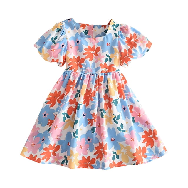 Robe Fille Imprimé Floral Manches Courtes Col Carré Dos Nu Lacée Décontractée Colorée Robes pour Tout-Petits Bleu