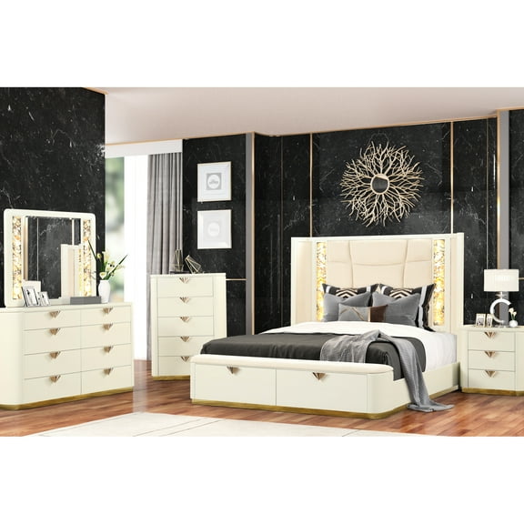 Modern 5 Queen Bedroom In Beige - Upholstered Bed With Ambient Lighting, High-gloss Dresser, Chest, Mirror, Nightstand Arrangement 5 Pc Storage Compartments, Chest Handles, Mirror &