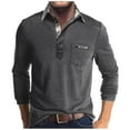 thumbnail image 2 of Large Lapel Collar Mens Shirt Long Sleeve Button Casual T-Shirts for Men Waffle Color Block Knit Top with Pockets (Dark Gray L), 2 of 7