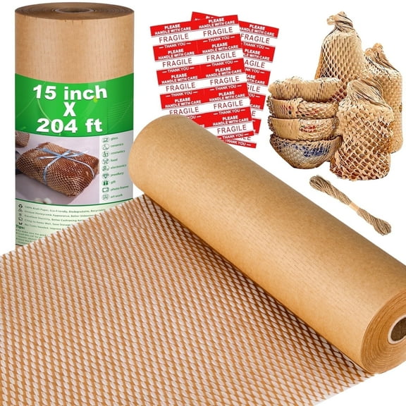 Aovky Honeycomb Packing Paper, 204' x 15" Cushion Packing Paper for Moving Shipping Packaging Breakables, Substitute Alternative for Bubble Cushioning Wrap Roll Kraft with 20 Fragile Stickers