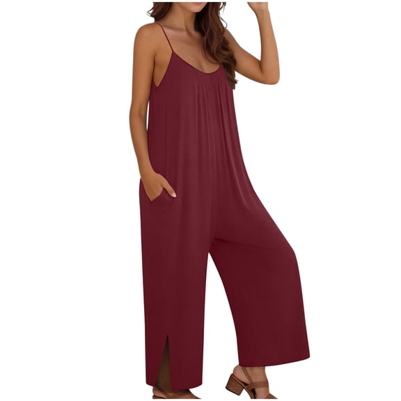 PWPSG Womens Casual Jumpsuit V Neck Spaghetti Strap Wide Leg Rompers with Side Slits and Functional Pockets Red S