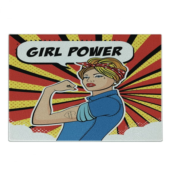Girl Power Cutting Board, Factory Girl with Biceps Pop Art Comics Retro Style Halftone Motifs Backdrop, Decorative Tempered Glass Cutting and Serving Board, in 3 Sizes, by Ambesonne