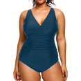 thumbnail image 1 of GHSDFBB Women Plus Size One Piece Swimsuits V Neck Tummy Control Bathing Suits Retro Ruched Swimwear, 1 of 6