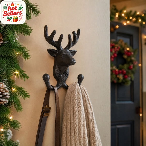 Iron Reindeer Hook Wall Decor for Christmas Home Living Room Bar Showroom Coat Hooks Fireplace Wreath Hanging Sturdy Vintage Black Metal Christmas Tree Entryway Wall Mounted Decor