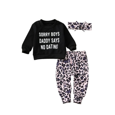 

EYIIYE Baby Girls Letter Pullover Tops Leopard Pants Headband 3Pcs Sweatshirt Outfit Set