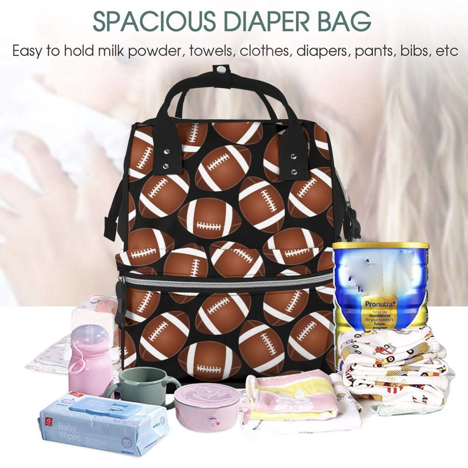 Ratiio Brown Football On Black Mummy Backpack - Waterproof Twill Canvas, Large Capacity Diaper Bag with Multiple Pockets and Adjustable Straps