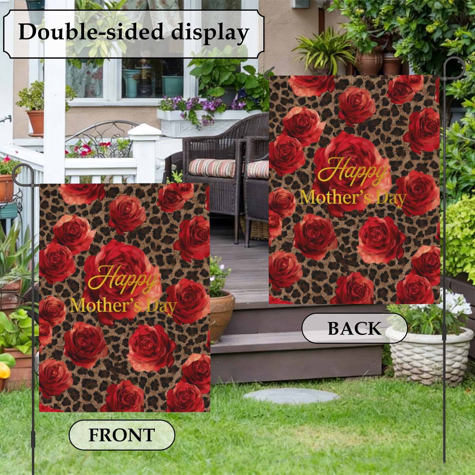 Happy Mother's Day House Flag 28 x 40 Inches, Red Roses Romantic Flower Brown Leopard Weather Proof Outdoor Patio Flags Double Sided Small House Decoration for Yard Lawn Outside Home