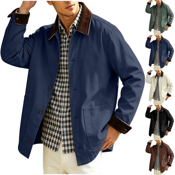 MexChoioe Mens Contrast Collar Canvas Jacket Button Closure Side Pockets Loose Cut Fall Casual Outerwear for Mens