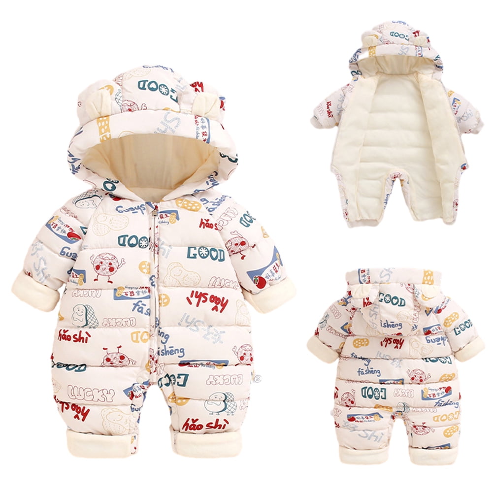 LYMAYTER Unisex Newborn Hooded Onesies Girls Fall Winter Printed Rompers Infant Cotton Long Sleeve Warm One-Piece for 0-24M