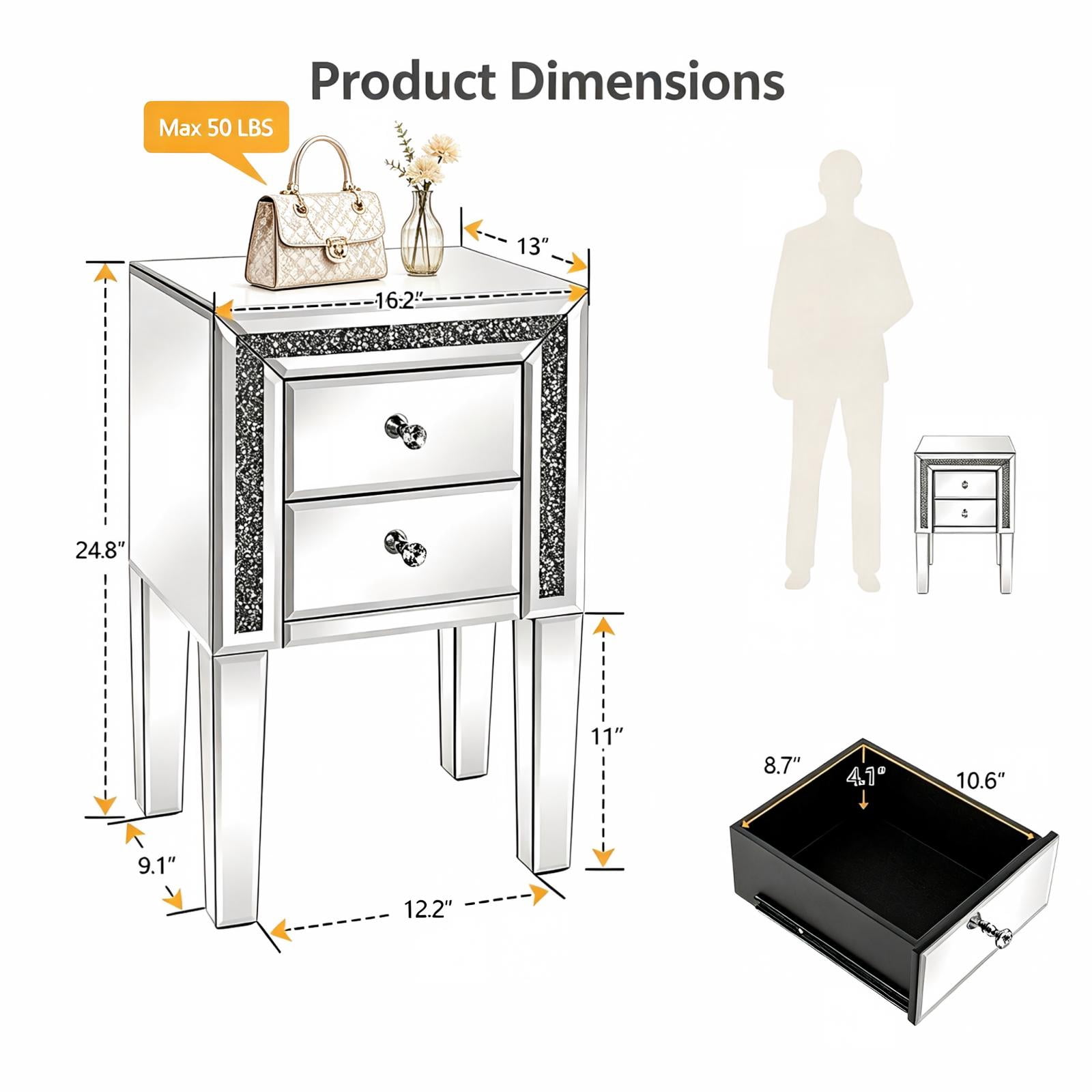 2-Drawer MDF Bedside Table with Mirror Finish, Silver, 16.2 x 13 x 24.8 in