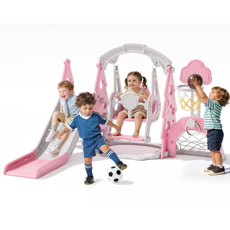 KORIMEFA 6-in-1 Kids Slide and Swing Set Indoor and Outdoor Playground for Todder Age 1-5 Includes Slide Swing Basketball Hoop and Climber
