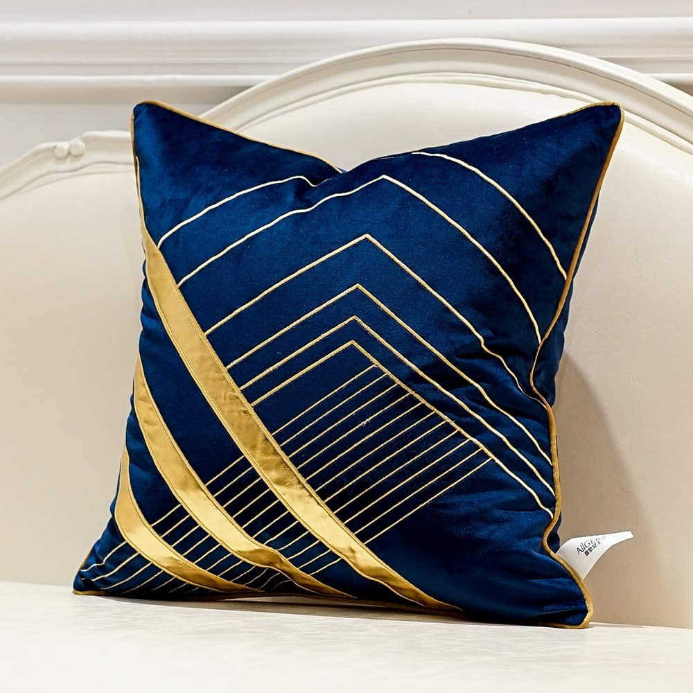 HTOOQ 18 x 18 Inches Navy Blue Gold Leather Striped Embroidered Cushion Cases Luxury European Throw Pillow Covers Decorative Pillows for Couch Living Room Bedroom Car 45 x 45cm Walmart