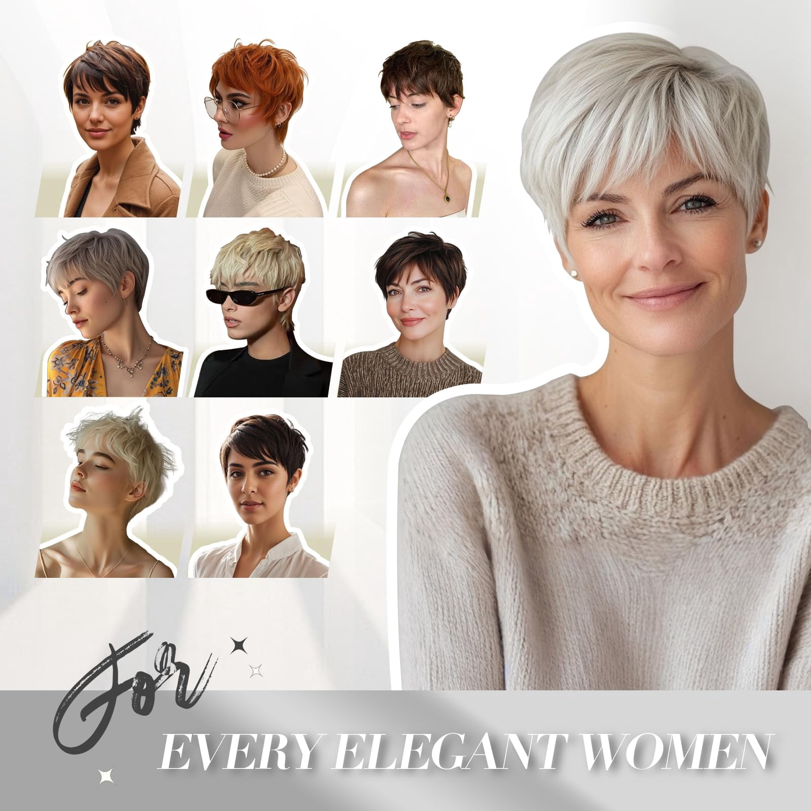 Layered Pixie Cut Wigs Synthetic Short Ombre Gray Wavy Grey to Black Glueless Wig for Women with Bangs