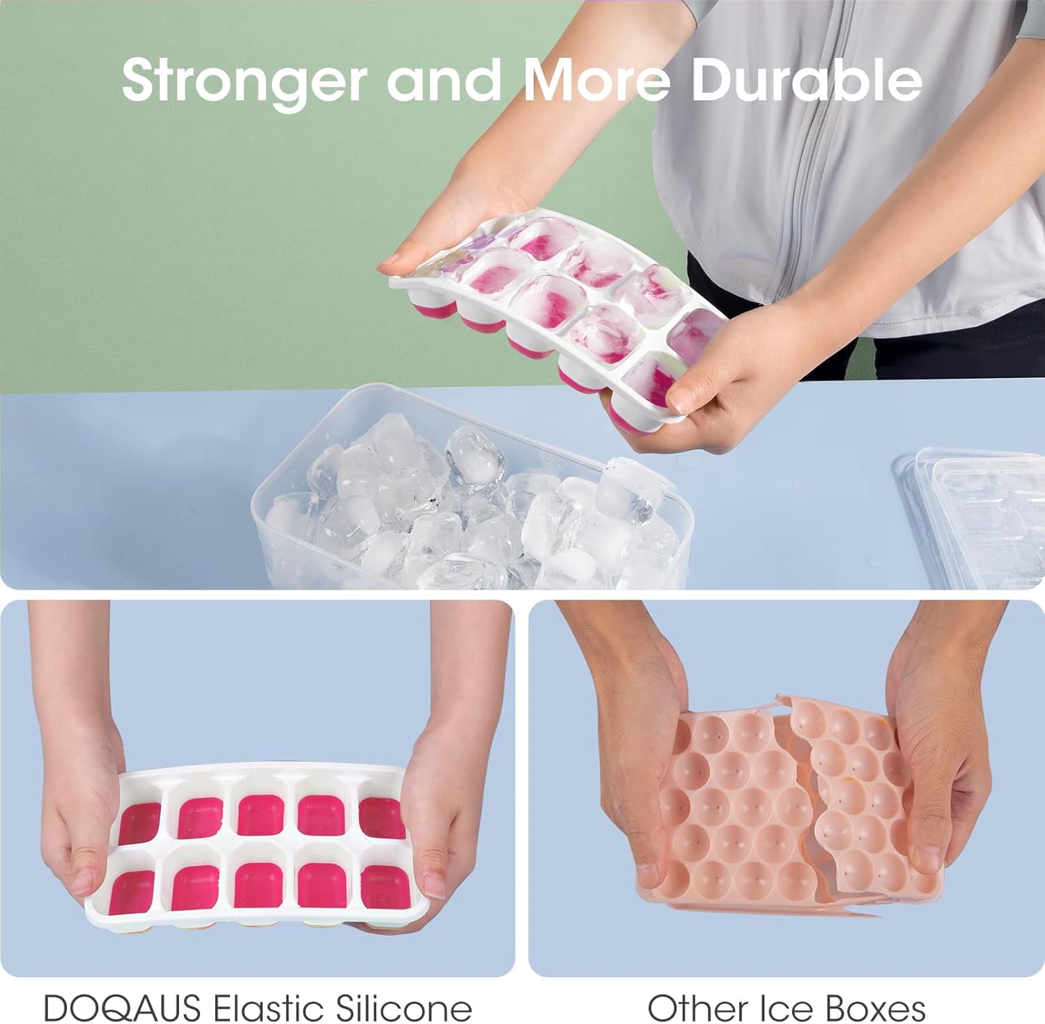 Senya Ice Cube Tray with Lid and Bin, 4 Pack Stackable Ice Tray with Storage Ice Bucket Kits, Ice Scoop