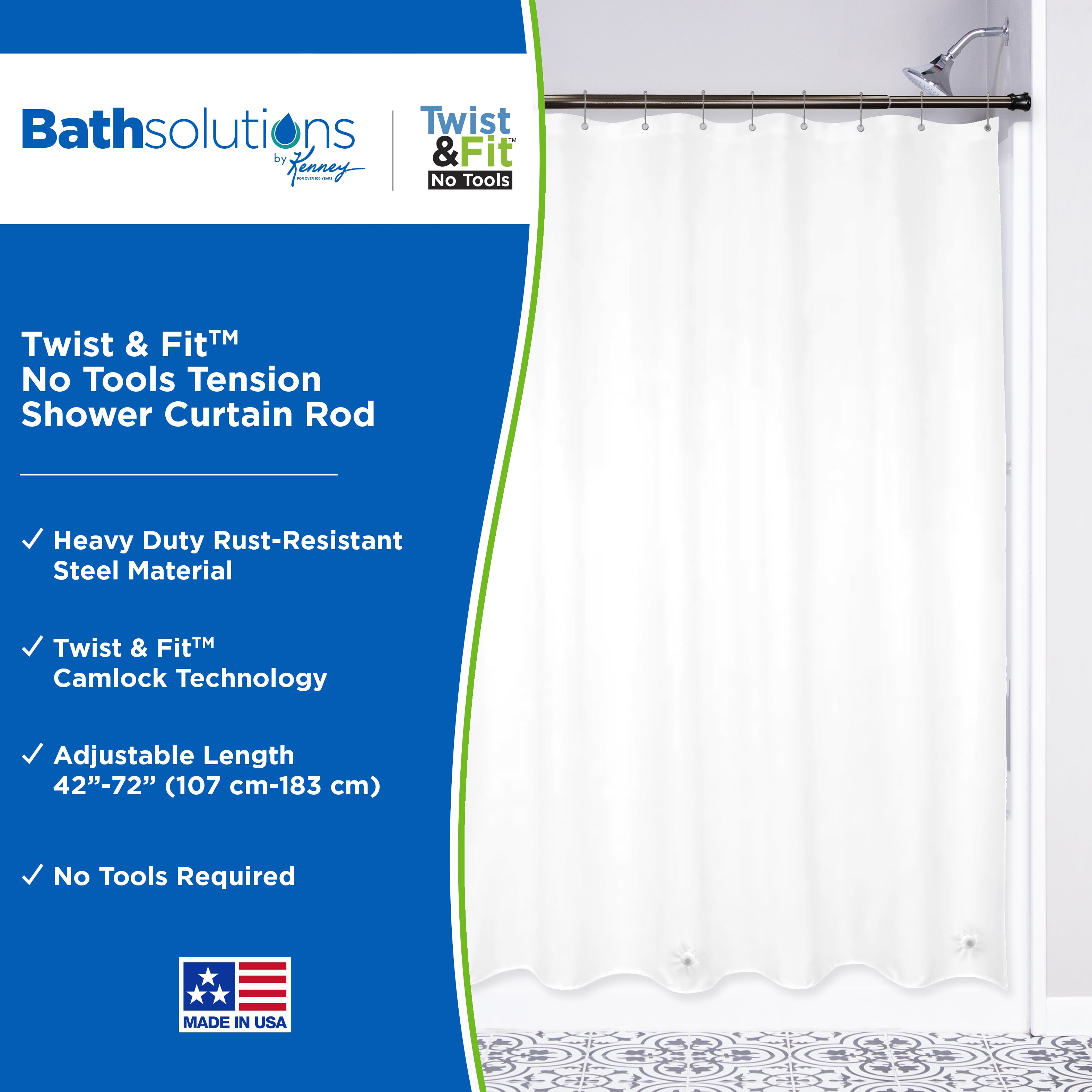 Kenney Twist & Fit Oil Rubbed Bronze Rust-Resistant Cam-Lock Tension Shower Curtain Rod, 42"-72"