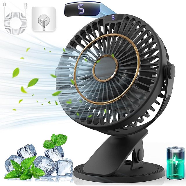 Ventilador de escritorio recargable negro, mini ventilador USB con pantalla LCD, 5 velocidades, rotación 720, ventilador portátil silencioso, ventilador de mesa para oficina/hogar/camping Rojo Verde Cocina, Decoración y Otros