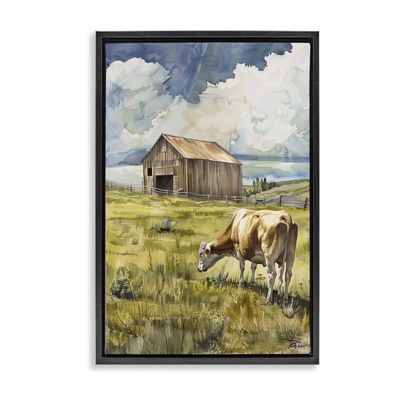Stupell Industries Cow in Vast Field Landscape & Nature Painting Black Floater Framed Canvas Art Print Wall Art, 17 x 25