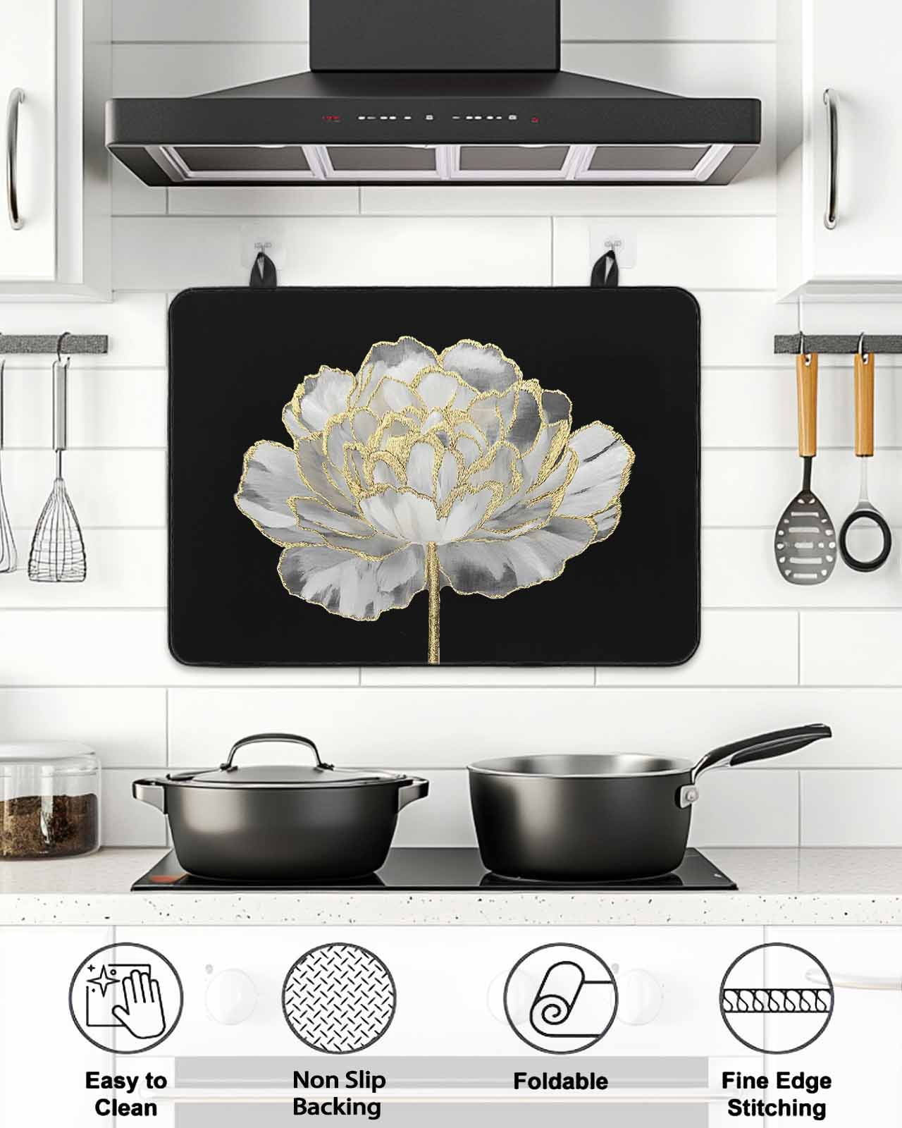 Stove Top Covers for Electric Stove, Flower Black Glass Stovetop Cover Protector, Gold White Abstract Floral Aesthetic Induction Cooktop Protector Oven Mat for Kitchen Countertop 24"x21"