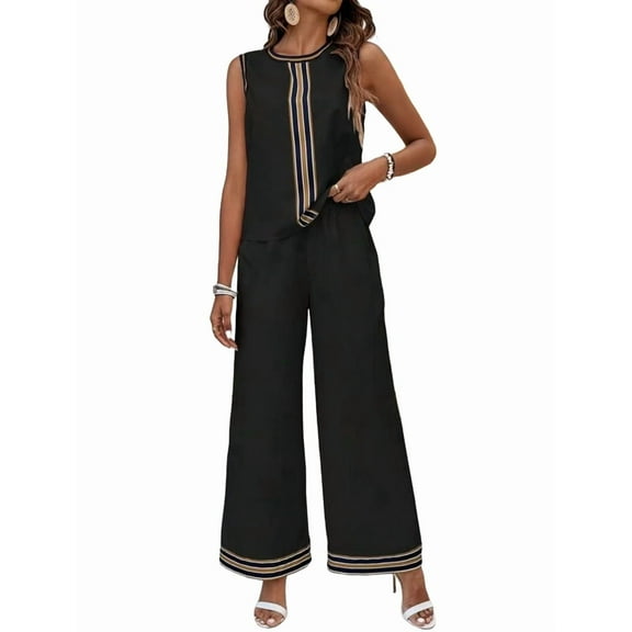 Womens 2 Piece Outfits Linen Sets Sleeveless Button Vest Wide Leg Pants Matching Lounge Set