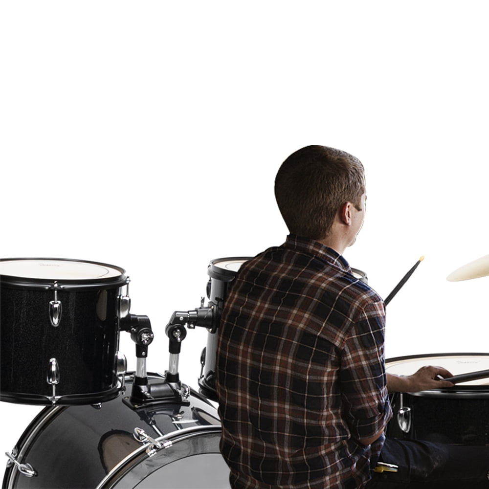 Full Size Adult Drum Set 5-Piece Black with Bass Drum, two Tom Drum, Snare Drum, Floor Tom, 16" Ride Cymbal, 14" Hi-hat Cymbals, Stool, Drum Pedal, Sticks