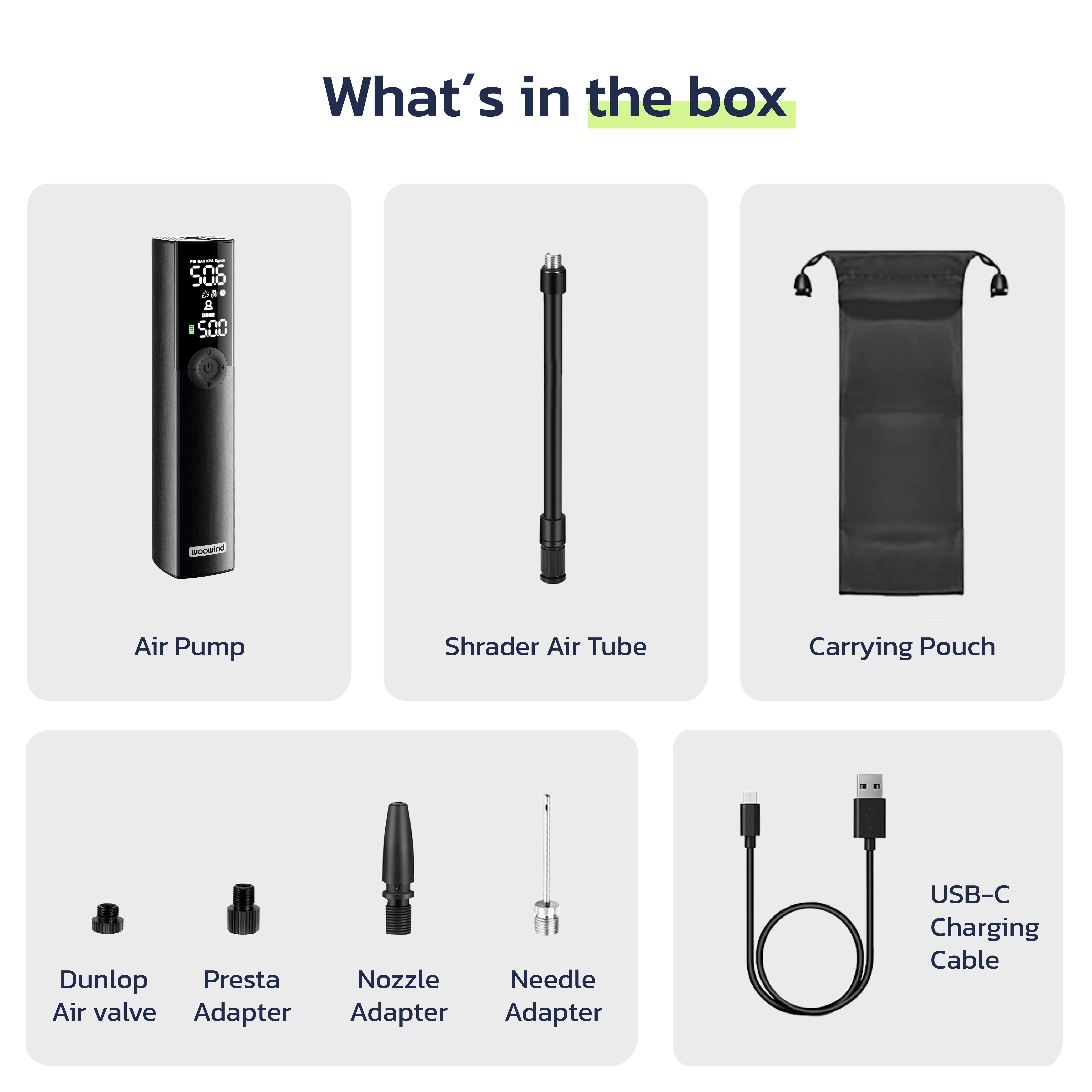Woowind BP188 Portable Electric Bike Pump Tire Inflator Air Compressor, 120-150 PSI, Schrader Presta Dunlop Valves, for Bicycles