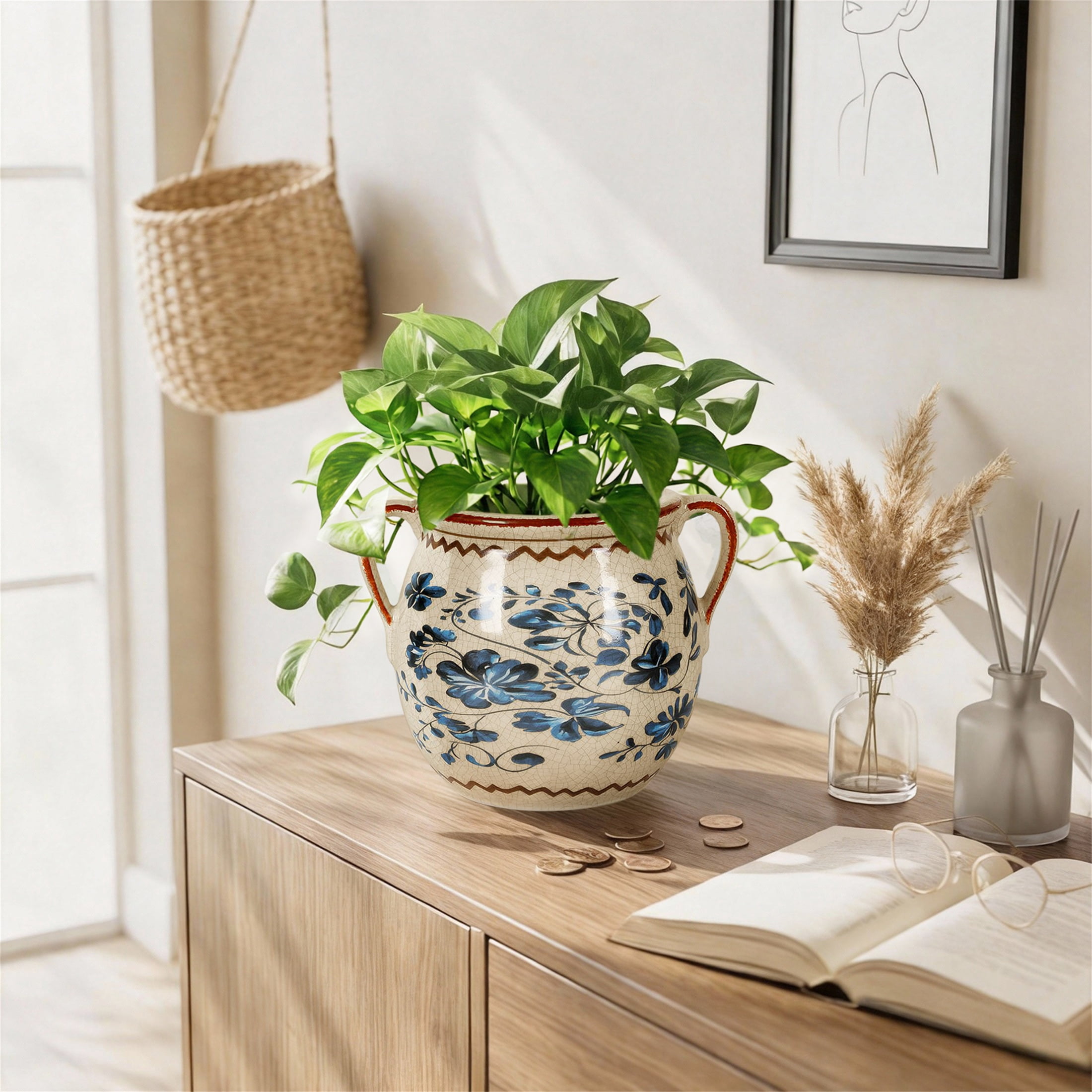 BUYMAX Vintage Ceramic Flower Pot with Handles, pretty Blue Planter with Drainage Hole for Succulents, Indoor Outdoor Farmhouse Home Decor