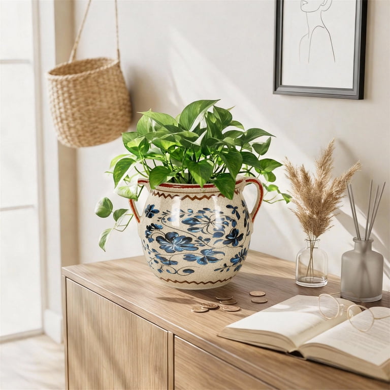 Buymax Vintage Ceramic Urn Planter, Cobalt Blue & Cream photo 2