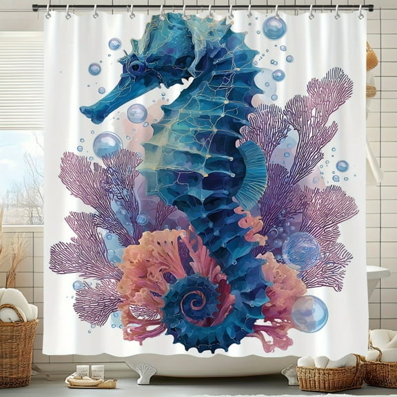 1pc Seahorse Watercolor Beach Ocean Shower Curtain, Ocean Turquoise Blue Coral Seaweed Coast Underwater Theme Shower Curtain - 66 X 72 Inch, Includes 12 Hooks