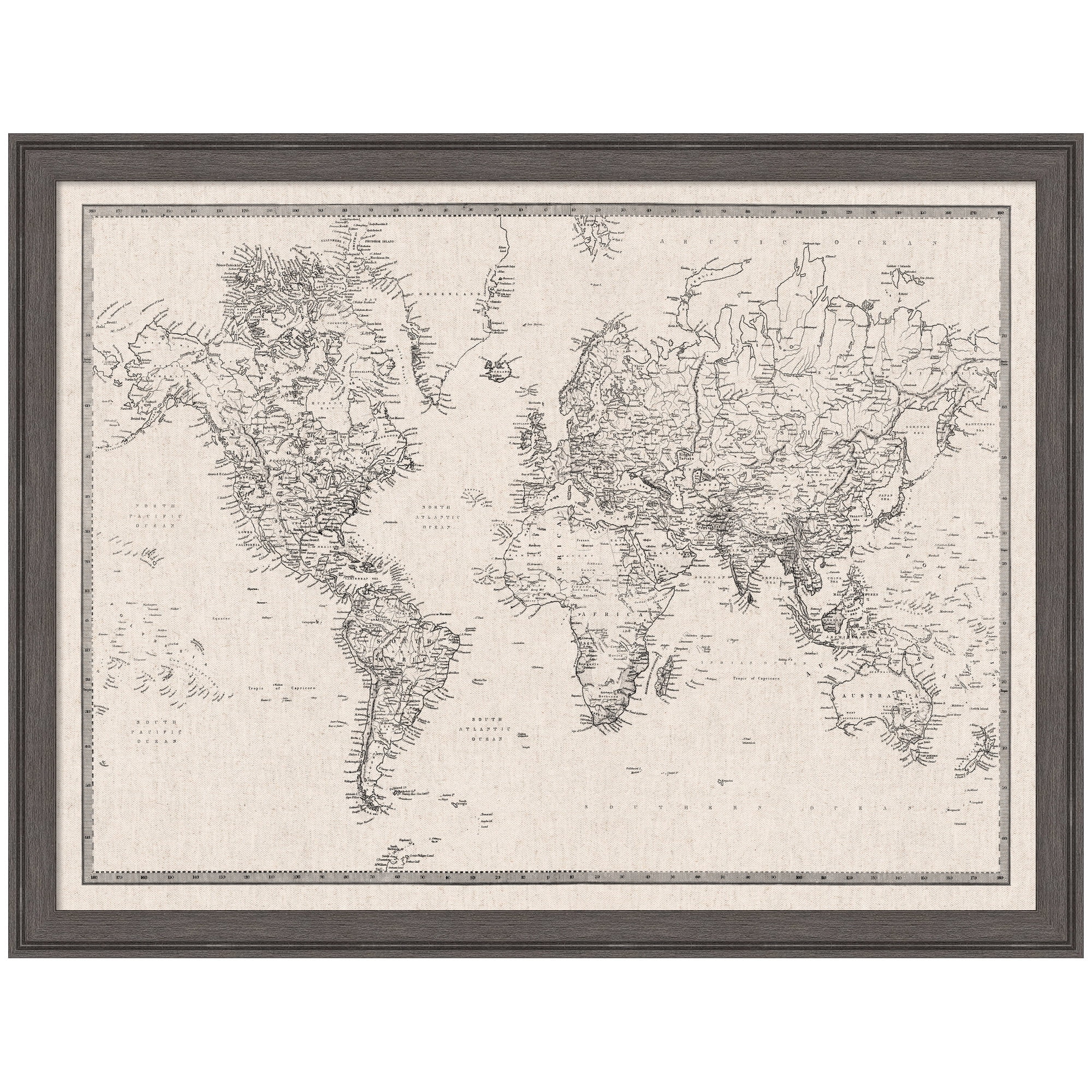 Kate and Laurel Framed Fabric Pinboard 26 x 20, Vintage Black and White Linen World Map Printed Linen Classic Bulletin Board for Use as a Vision Board or Wall Organization, Florence Pewter Frame