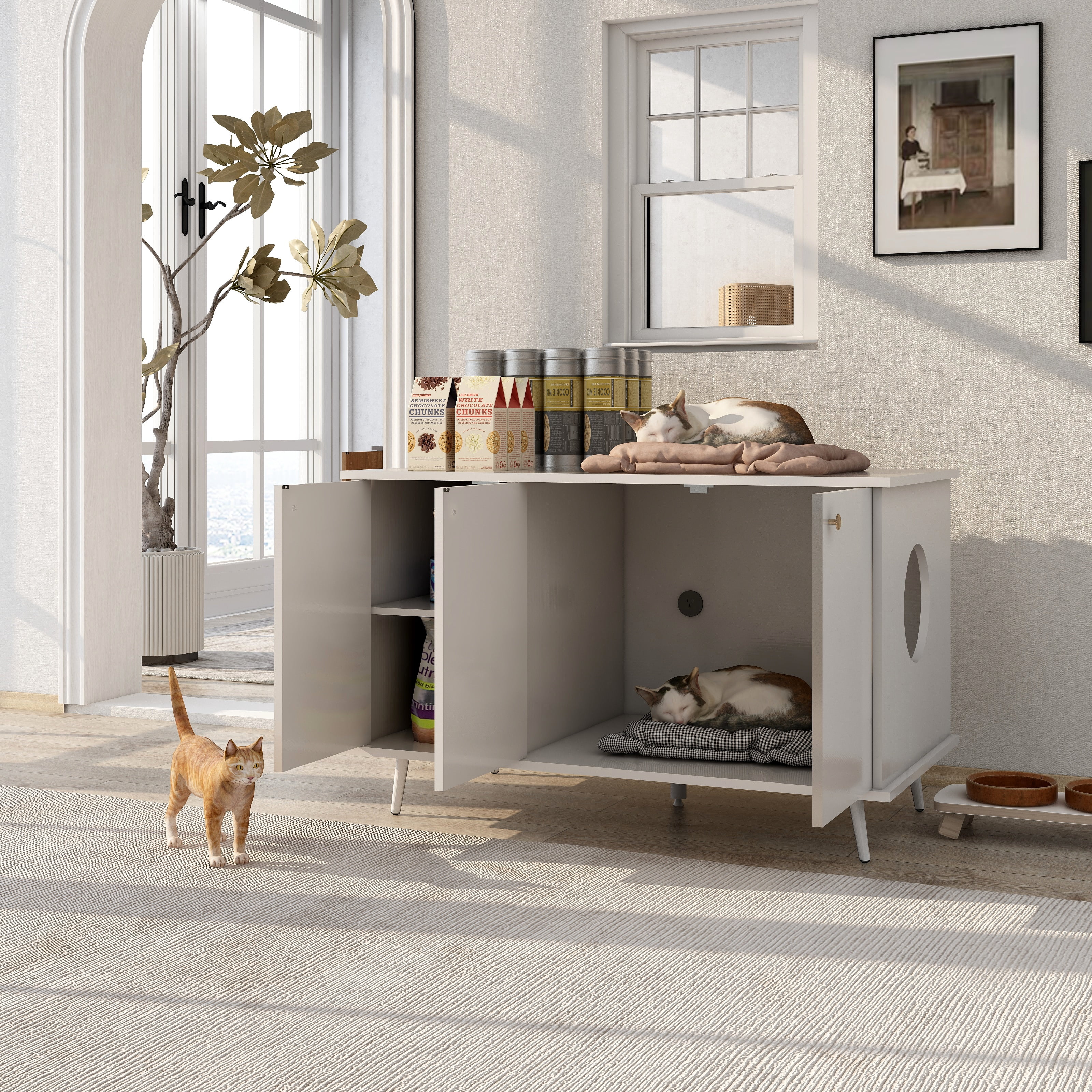 Glavbiku Enclosed Cat Litter Box,Wooden Cat Litter Box Furniture with Hidden Plug,3 Doors,White