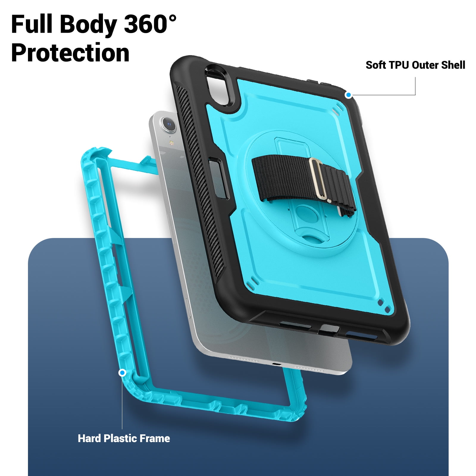 ELEHOLD Rugged Case For Apple iPad 11th(A16) 2025/10th Gen 2022,360 Rotating Stand Hand Strap Shoulder Strap Pencil Holder Full-Body Heavy Duty Shockproof Protective Case,Lightblue