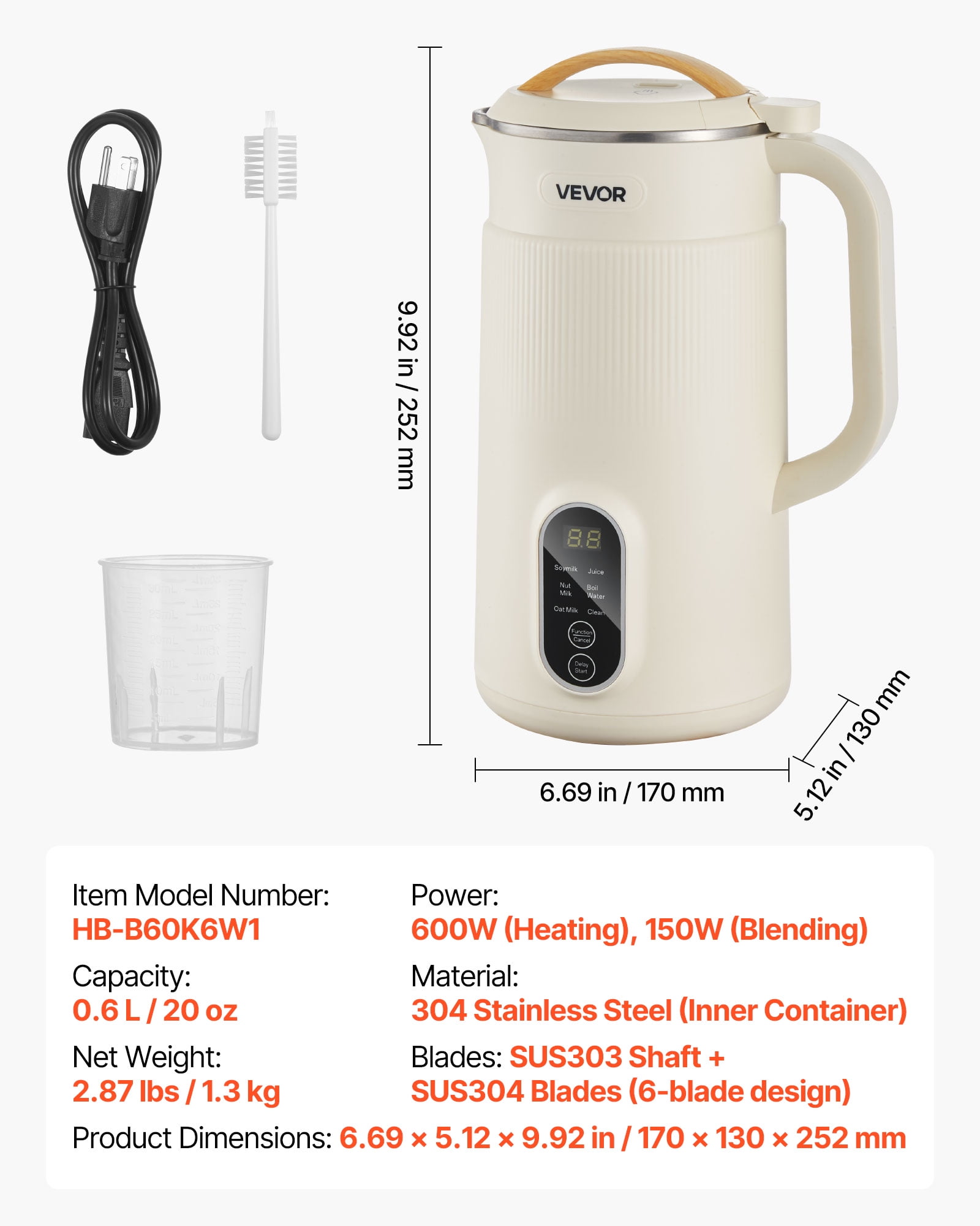 VEVOR 6-in-1 Nut Milk Maker, 20 oz Soy Milk Maker Machine with 6 Blades, for Homemade Oat, Nut, Soy, Juice, Plant-Based and Non Dairy Beverages with High-Temp Self-Cleaning, Boil Water, 12-Hour Delay