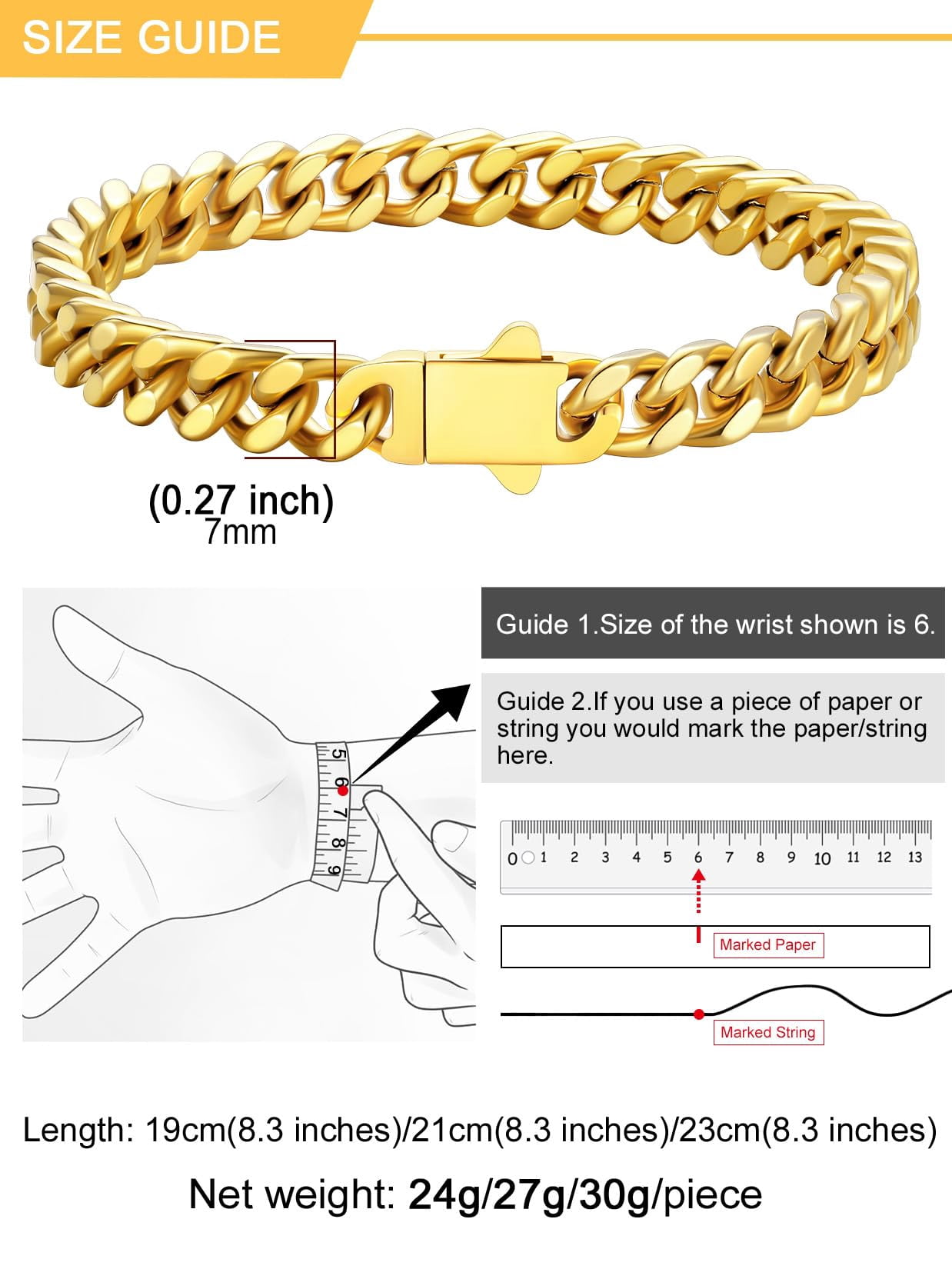 U7 Miami Cuban Bracelet for Men 14K Gold Plated Charm Bracelet 7mm Chain Bracelet Birthday Valentines Jewelry Gift 8.3inch