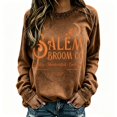 thumbnail image 5 of Crew Neck Sweatshirts Women Vintage Witch Broom Print Long Sleeve Pullover Relaxed Fit Casual Halloween Fall Festival Tops Brown M, 5 of 7
