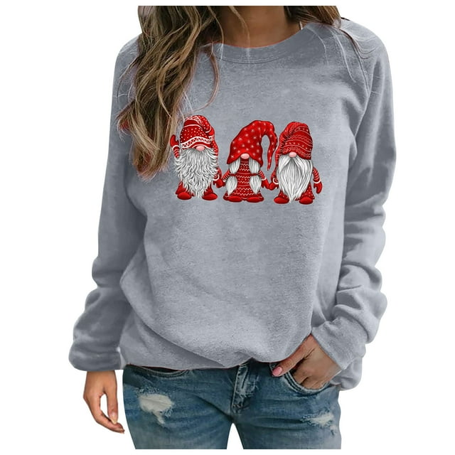Longs Chandails de Noël pour Femmes Mode Décontractée Imprimé de Noël Manches Courtes Col Rond Chandails à Manches Longues pour Femmes Chandails à Col Haut pour Femmes