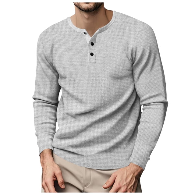 T-Shirts European Solid Color Button Open Neck Business Sports Long Sleeved Summer Shirts Men Grey L