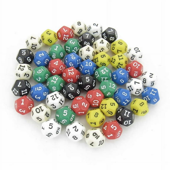Assorted Opaque Dice with Black Numbers D12 16mm (5/8in) Bulk Pack of 50 Koplow Games