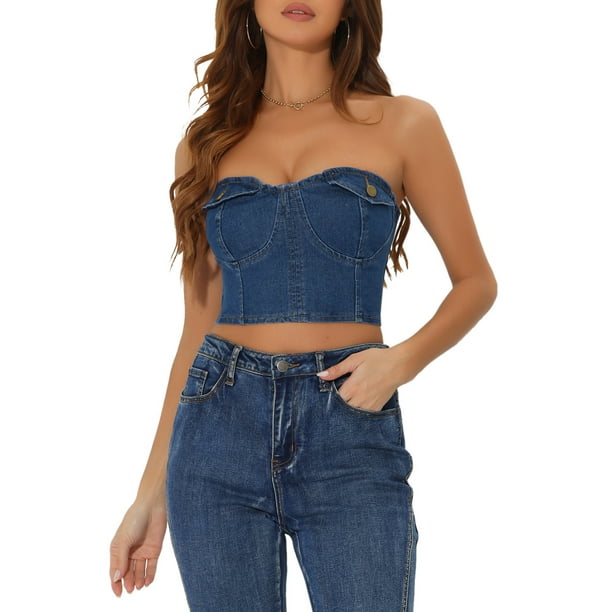 INSPIRAR CHIC Blusas de mezclilla para mujer, con botones en la parte delantera, espalda fruncida, sin tirantes, XS, azul