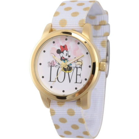 Disney Minnie Mouse Women's Gold Alloy Watch, Reversible White with Gold Polka Dot Nylon Strap