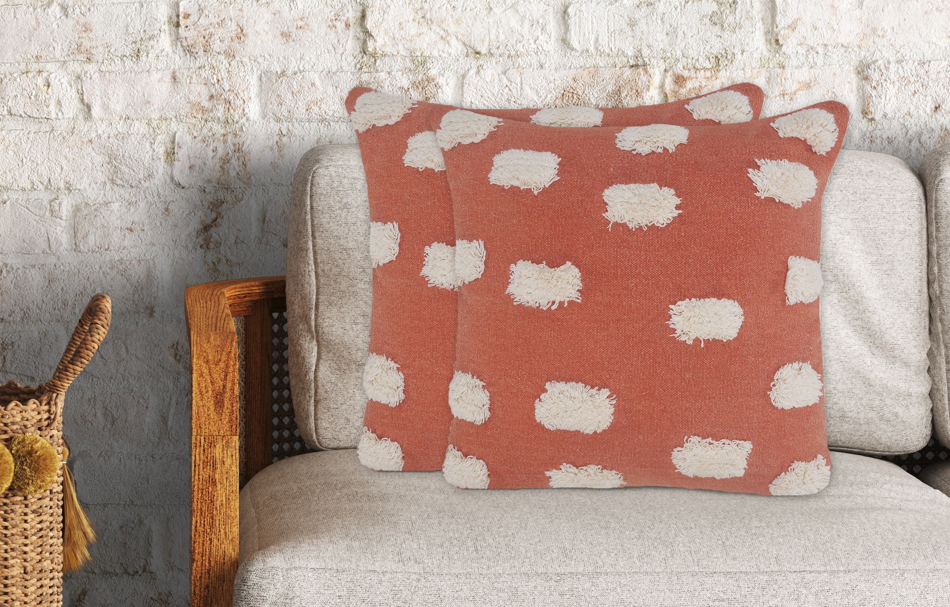 LR Home Zinna Dots Modern Cotton Throw Pillows, Orange/White, 20" x 20", Set of 2