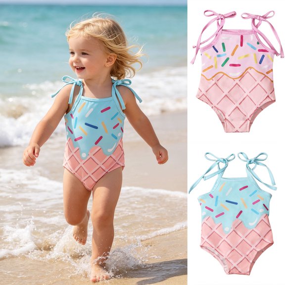 Swimsuits for Girls One Piece Square Neck Sleeveless Bow Detail Ice Cream Print for Vacation Toddler Bathing Suit Girl Blue 18 Months-24 Months