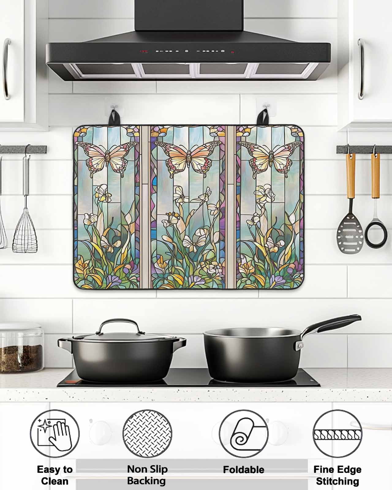 Stove Top Covers for Electric Stove, Colorful Butterfly Glass Stovetop Cover Protector, Spring Botanical Summer Vintage Induction Cooktop Protector Oven Mat for Kitchen Countertop 24"x21"