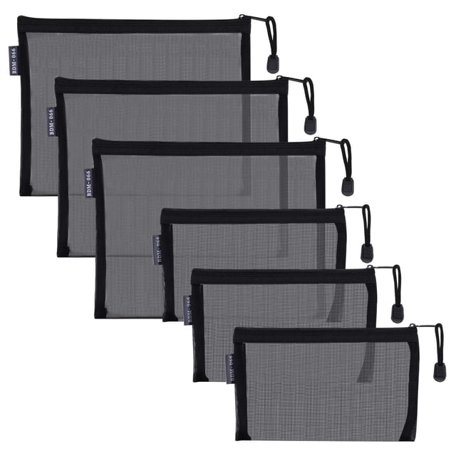 HRX Paquete de bolsas de malla de nailon con cremallera para cosméticos, 6 bolsas de maquillaje negras, estuche organizador de viaje para bolso de pañales (A5 x 3 piezas, A6 x 3 piezas)