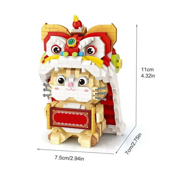 Mini Animal Cat Building Blocks, Chinese New Year Lucky Cat Lion Dance Model Home Decoration DIY Children's Toys Birthday Gift