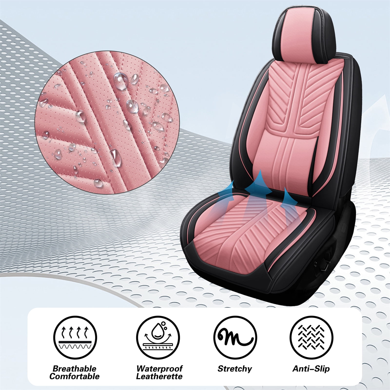 OTOEZ Universal Pink Car Seat Cover Nappa Leather 5-Seat Full Set Waterproof Front & Rear Cushion Protector Fit Most Honda Toyota Chevy Ford Nissan SUV