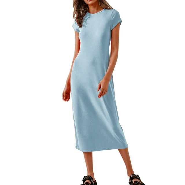 JGGSPWM Robe T-Shirt Décontractée pour Femmes d'Été à Manches Courtes, Col Rond, Basique, Unie, Bleu Clair G